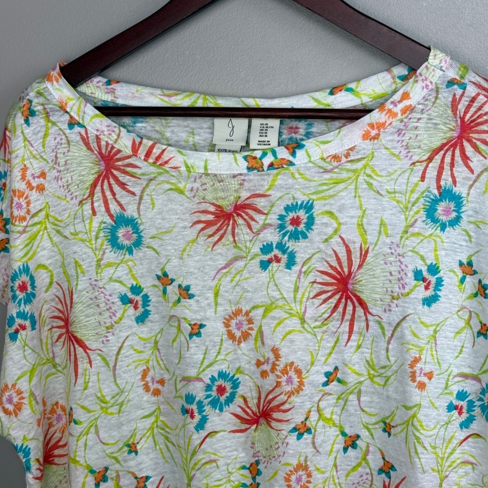 Joie Floral Linen Top Womens XL White Multi Short Sleeve Crew Neck NWT - Picture 3 of 11